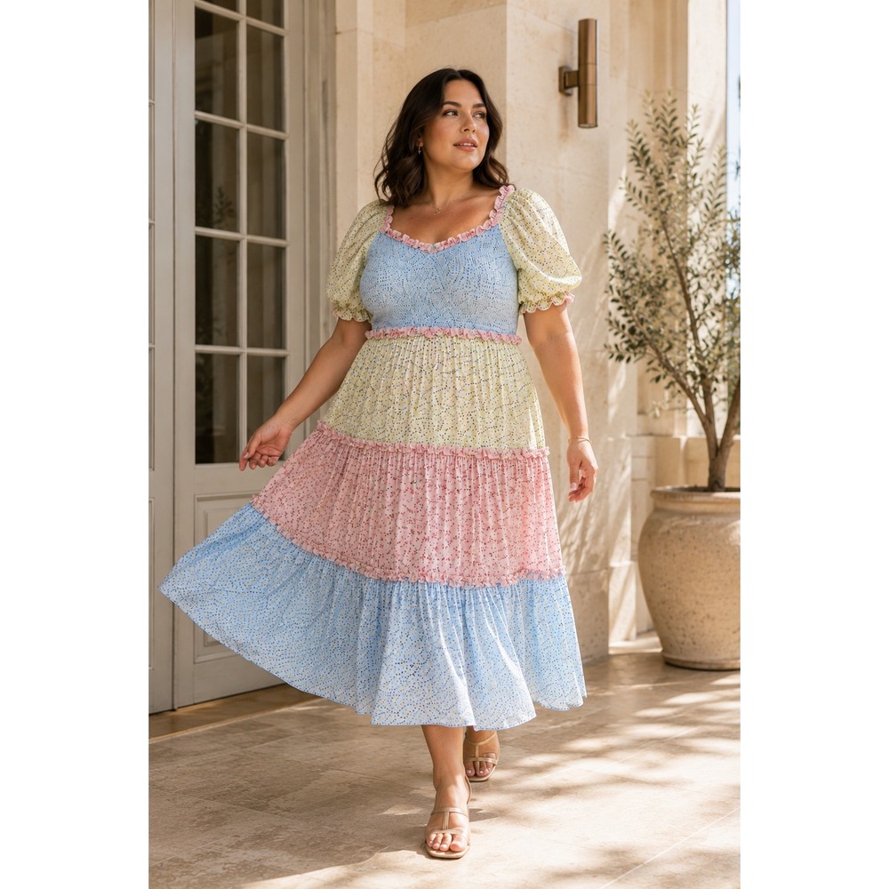 NWT Ivy City Co Emily Floral Smocked Puff Sleeve Tiered Maxi Dress 5X